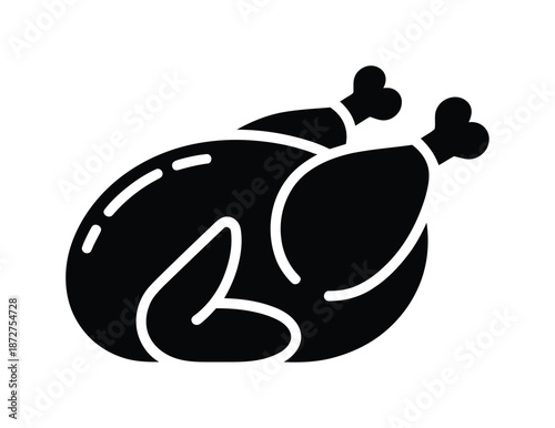 A black and white vector illustration of a whole roasted chicken