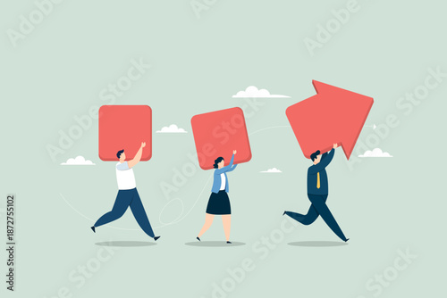 A diverse business team running together while carrying red blocks that assemble into a large upward arrow. A flat minimalist representation of collective effort, progress, and success.