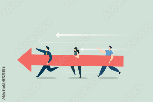Three business people run while carrying a large red arrow together, flat art, collaboration and shared vision for success and growth.