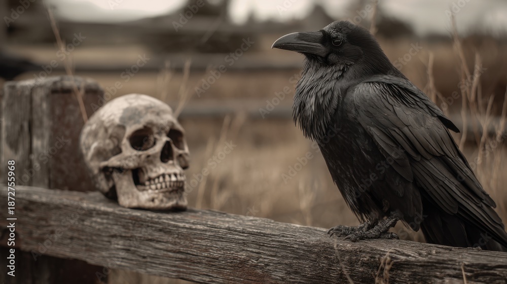 Naklejka premium Raven Perched on Weathered Fence Beside Skull in Outdoor Landscape Symbolizing Mortality and Mystery