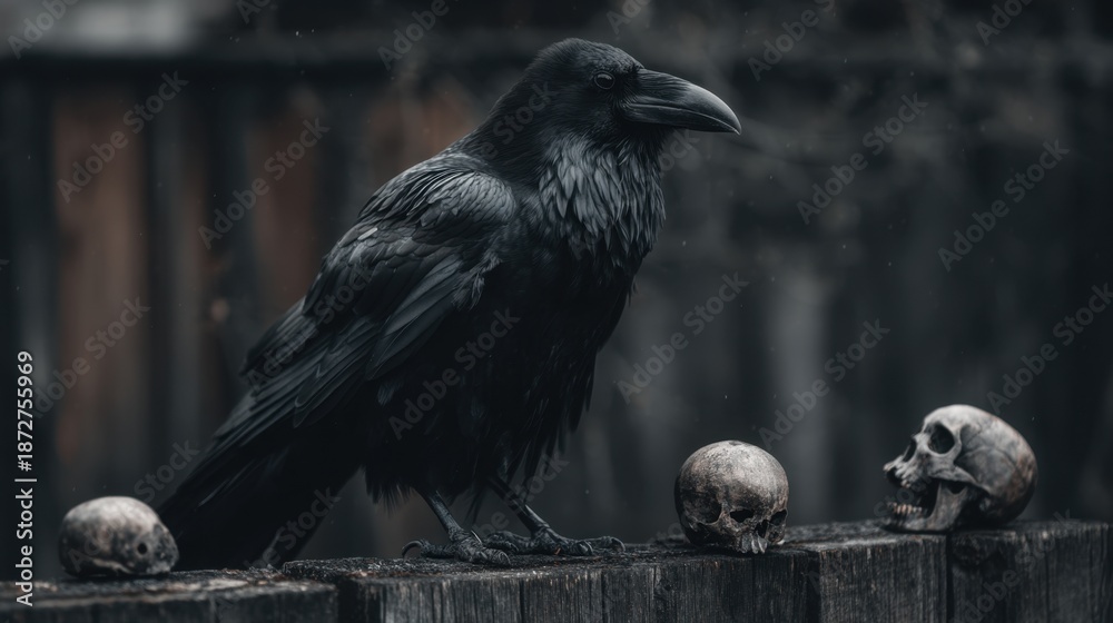 Fototapeta premium Raven Perched on a Weathered Fence Surrounded by Skulls in a Dark and Symbolic Outdoor Setting