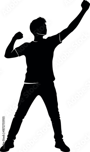 A silhouette of a person in a victorious pose with one arm raised