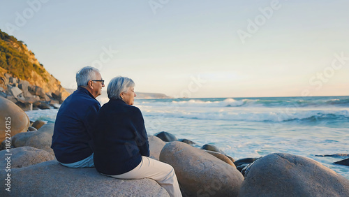 Rear view of a senior couple embracing while sitting together and enjoying a beautiful sea view during a peaceful and relaxing moment. Time together after retirement, Love and relationship