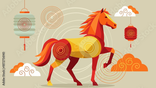 Stylized Equine Symbol with Lunar New Year Decorations and Abstract Patterns