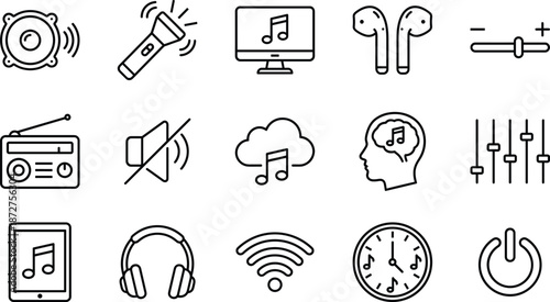 Set of minimalist music and audio line icons including speaker, headphones, radio, volume control, cloud streaming, wireless signal, and power button.