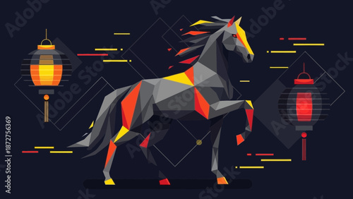 Abstract Low Poly Horse Silhouette with Geometric Background and Lanterns