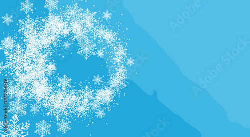 Beautiful winter composition with intricate white snowflakes and stars forming a circular wreath shape on a blue background.