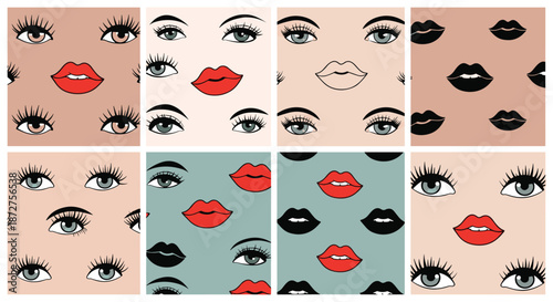 Set of eight seamless patterns featuring various hand drawn eyes and lips in different color palettes for beauty branding.