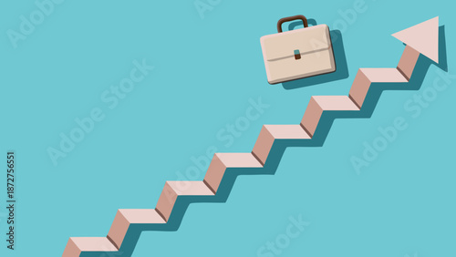 Flat illustration of a briefcase transforming into an upward arrow on a staircase symbolizing business growth and success with transformation