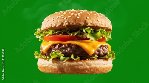 ultra realistic studio cheeseburger footage gourmet burger rotating vertical axis isolated chroma green thick beef patty melted cheese stretch lettuce tomato sesame bun macro food detail slow motion s