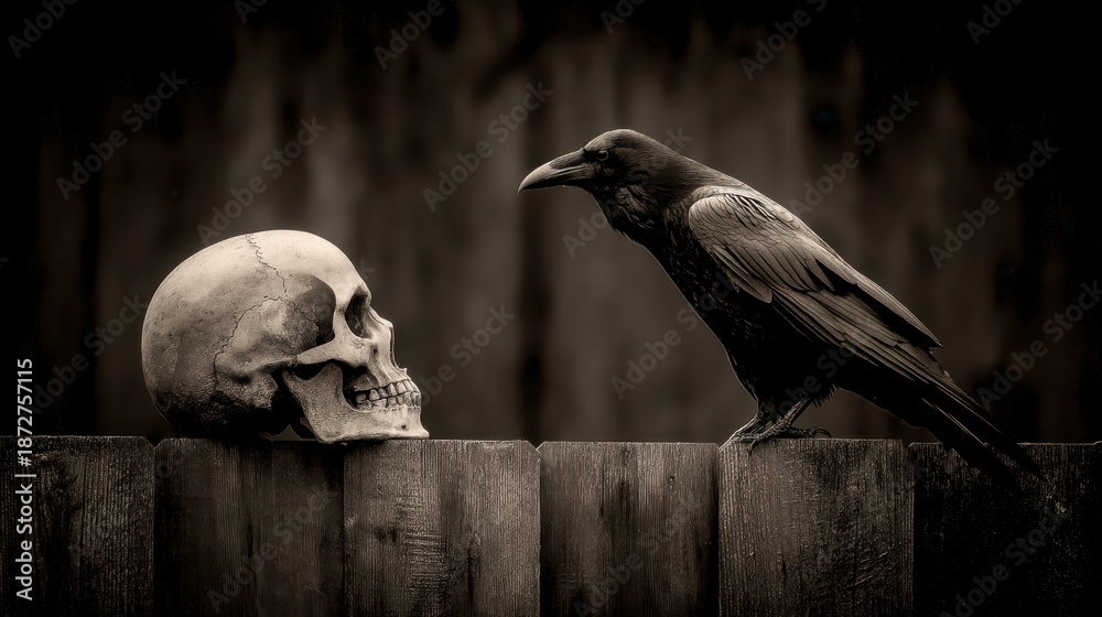 Obraz premium Raven Perched on Rustic Fence Beside Human Skull Under Dramatic Lighting