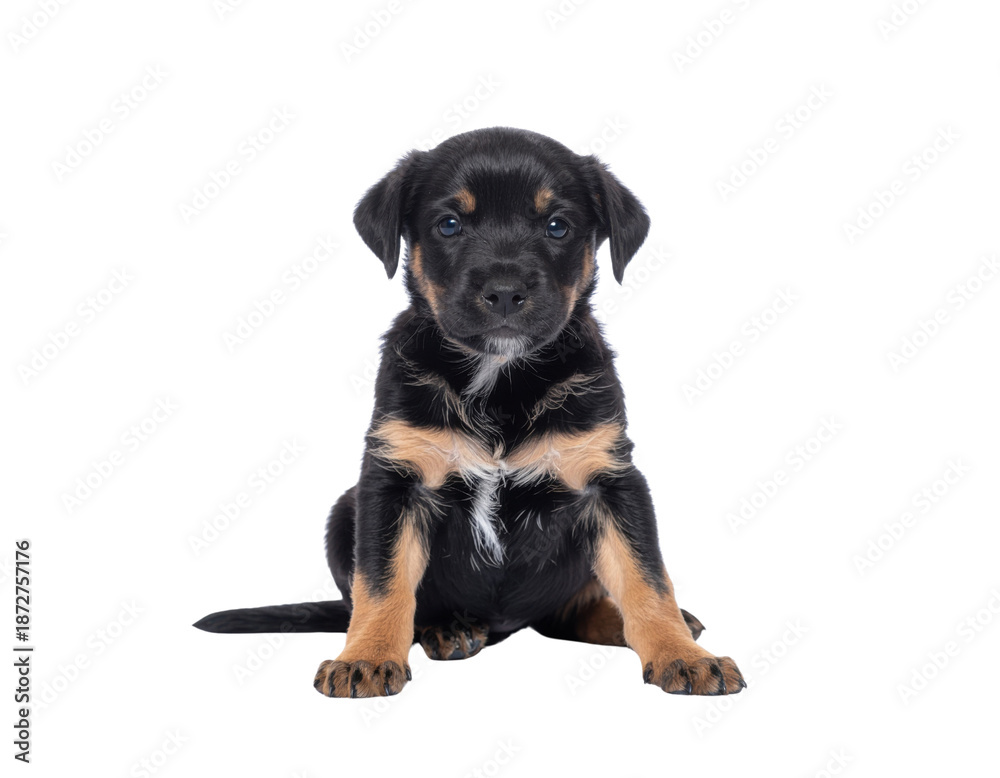 Obraz premium A cute puppy with black and tan fur sits attentively, showcasing its playful demeanor and bright eyes.