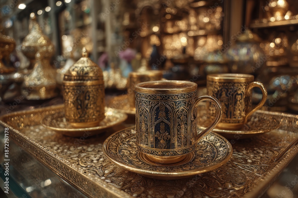 Fototapeta premium Ornate golden tea set displayed on an intricately designed tray, showcasing detailed craftsmanship and rich textures, perfect for cultural celebrations and gatherings