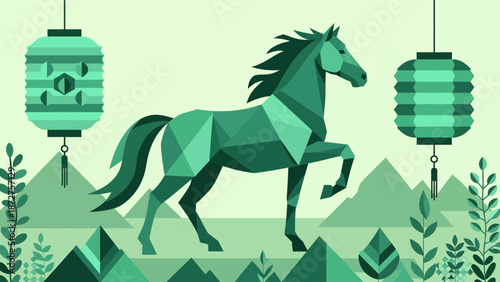 Geometric Horse Silhouette with Asian Lanterns for Lunar New Year Design