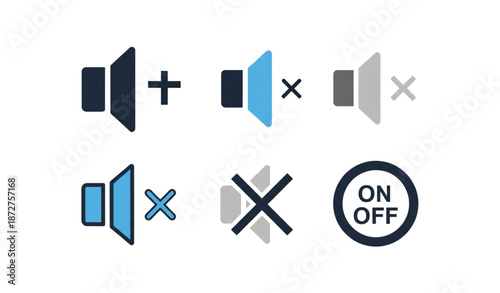Flat vector volume and sound control icon set for web and mobile isolated on transparent background