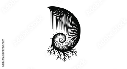 Intricate black and white illustration of a spiraling nautilus shell with roots and falling lines, symbolizing growth and natural patterns.