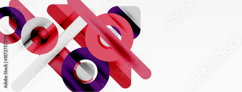 Abstract geometric shapes overlap, creating dynamic composition. Red, purple, white hues dominate minimalist design. Modern aesthetic.