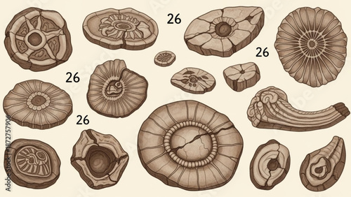 Collection of ancient fossilized sea creatures detailed illustration of prehistoric marine life for paleontology and science education isolated on b