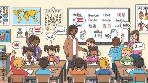Diverse classroom learning languages teacher interacting with students multicultural education concept bright illustration for educational materials