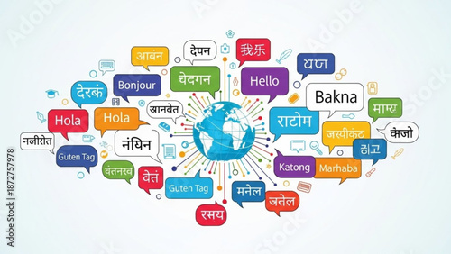 Global communication concept with diverse language greetings in speech bubbles around a world globe vector illustration for international business a