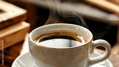 Steaming Hot Black Coffee in a White Cup on a Wooden Table