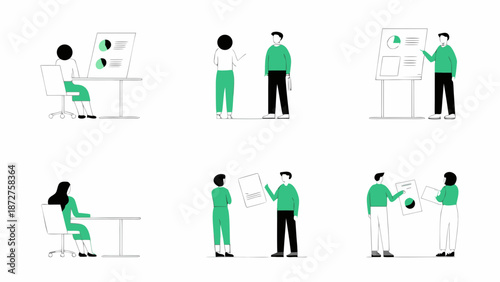 Flat vector illustration of people working together with charts and graphs in minimalist line