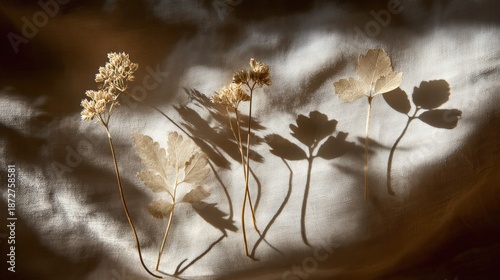 Dried botanical specimens cast dramatic shadows upon rumpled fabric under directional light