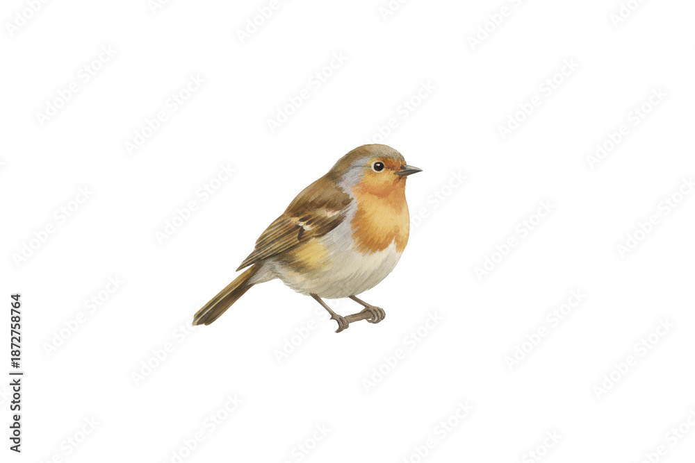 Fototapeta premium A Delicate Watercolor Illustration Depicting a Perched Eurasian Robin Bird in Fine Detail