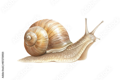 A detailed watercolor illustration of a snail isolated on a dark surface and design