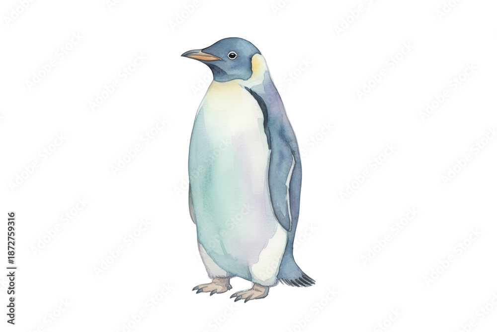 Obraz premium A solitary Emperor penguin rendered in watercolor technique, standing upright with elegance