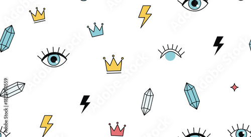Trendy pop art pattern with stylized eyes, golden crowns, blue crystals, and black lightning bolts creates a quirky and modern fashion design.