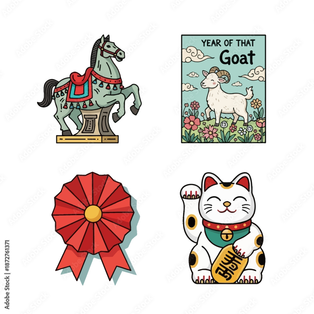 Fototapeta premium The image displays a collection of four distinct illustrations: a decorated carousel horse, a 