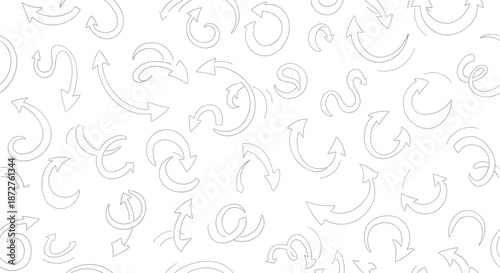 Minimalist seamless pattern showcases various hand drawn sketchy white arrows and curves scattered across a white background for a clean design.
