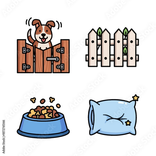A collection of pet-related icons including a dog behind a fence, a picket fence, a dog food bowl, and a pillow.