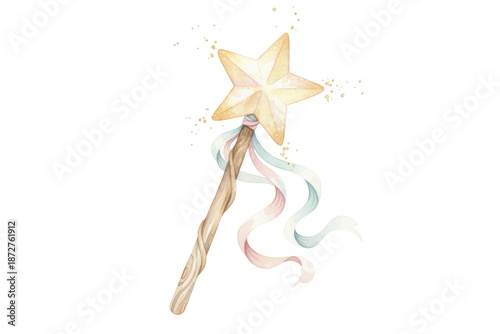 Aesthetic watercolor depiction of a whimsical star-topped magic wand with ribbons elegantly flowing.