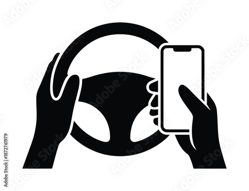 A black vector illustration of hands holding a steering wheel and a phone