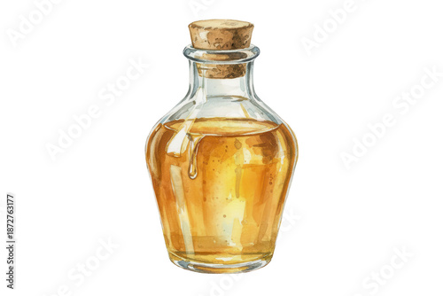 Artistic illustration of a glass bottle containing liquid with a cork stopper decoration