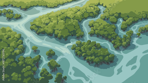 Nature's Aquatic Tapestry: An aerial panorama unveils a breathtaking riverine landscape, where vibrant green trees and lush vegetation weave an intricate pattern across the serpentine waterways.