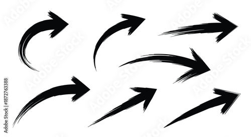 Collection of seven expressive black ink brush arrows with irregular edges provides a creative hand drawn look for directional graphic elements.