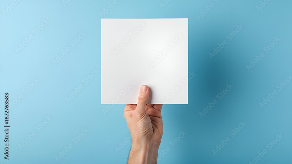 Fototapeta premium Clean design showcasing blank square paper held by hand against serene blue background