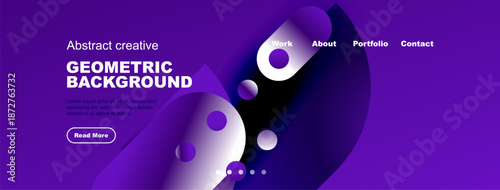 Purple website template features abstract shapes, text, navigation menu. Modern design promotes creativity, portfolio viewing.