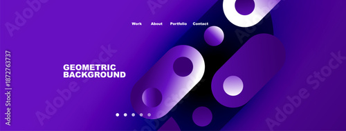Purple abstract design features geometric shapes, text elements, navigation menu. Modern style, vibrant colors, clean layout.