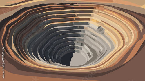 Open Pit Mine: An abstract representation of a vast open pit mine, showcasing the layered structure of the earth and the scale of human endeavor.