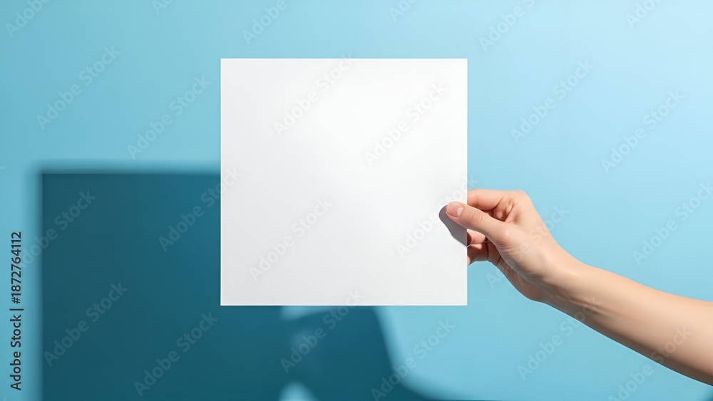 Obraz premium Minimalistic presentation of white square sheet held by hand against a pastel blue background