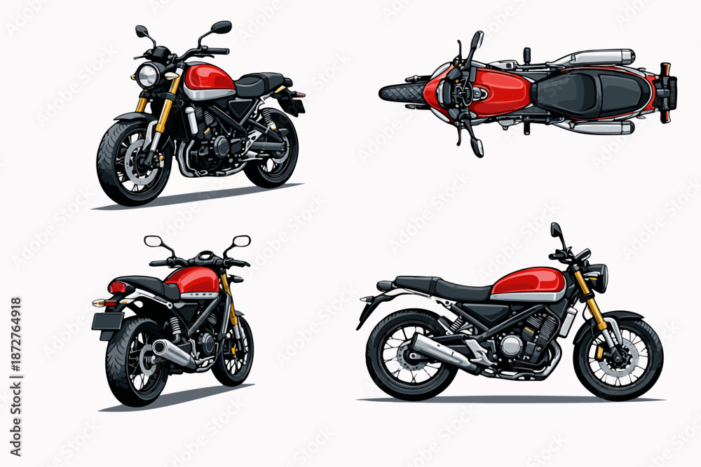 Obraz premium Classic motorcycle illustrated from several perspectives perfect for vintage transport concepts automotive design and vehicle showcases