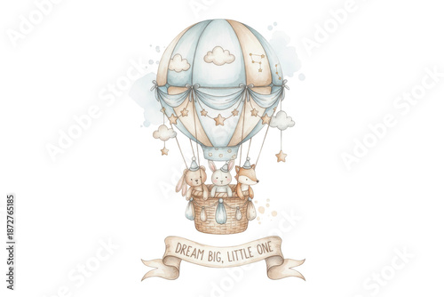 Charming depiction of a hot air balloon, carrying cute animal figures aloft, dreams