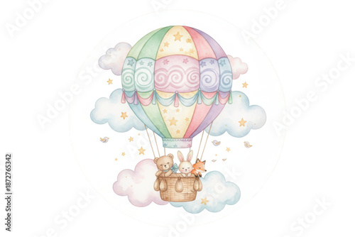 Charming Hot Air Balloon with Cute Stuffed Animals for Children's Illustration and Designs