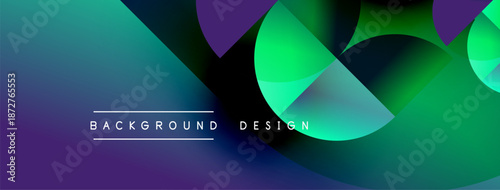 Abstract background features vibrant geometric shapes, gradients. Blue, green, purple hues create dynamic visual effect. Text reads background design.