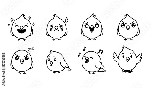 Cute outline canary emoji set with emotions cartoon vector