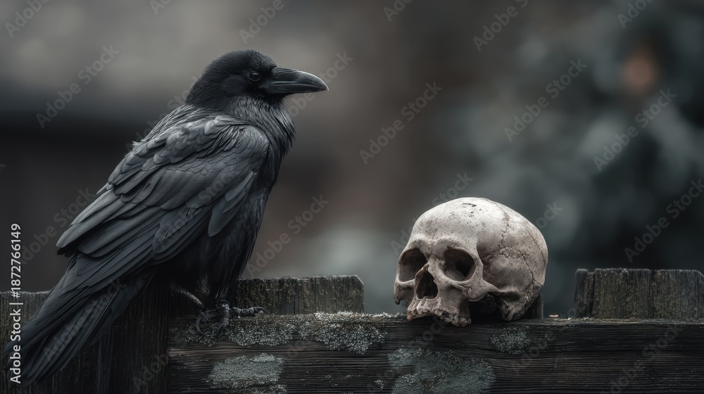 Fototapeta premium Raven Perched on Weathered Wooden Fence Beside Human Skull with Atmospheric Background